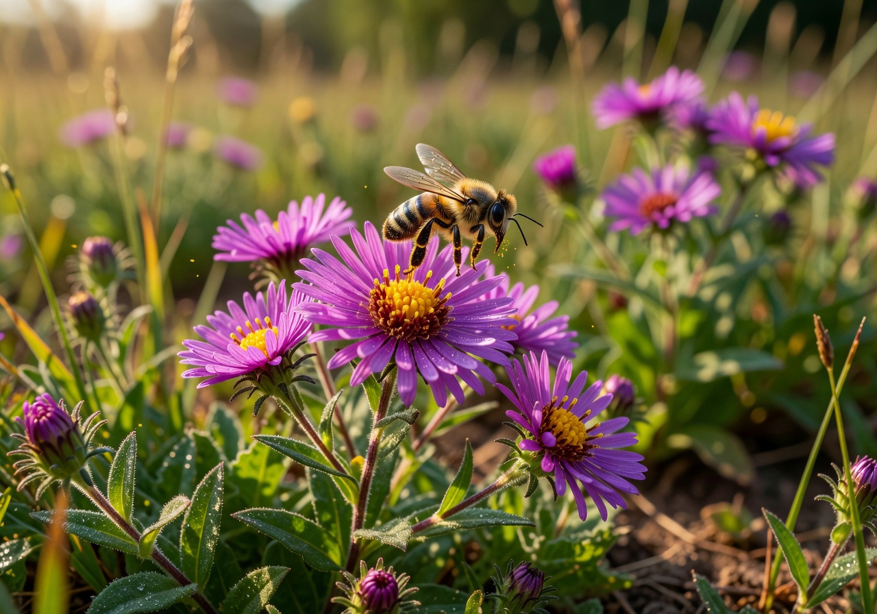 Bee landing on a purple wildflower