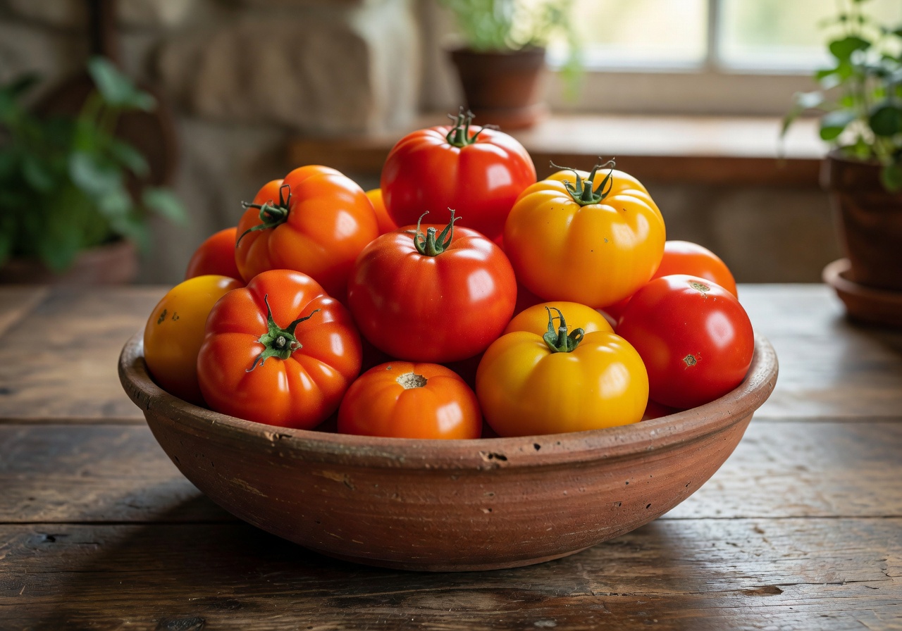 Bowl of heirloom tomatoes in red, yellow, and orange