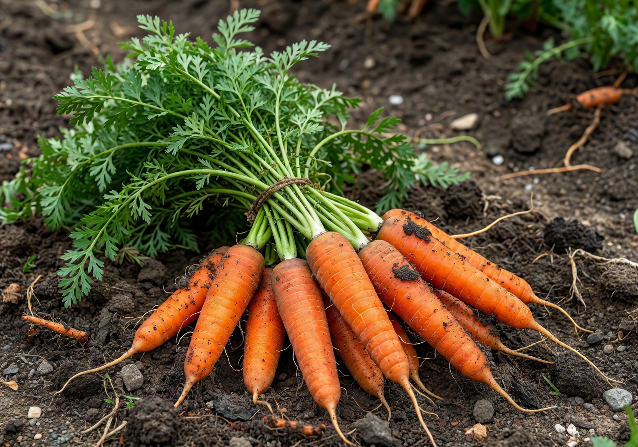 Bundle of orange carrots fresh from the soil