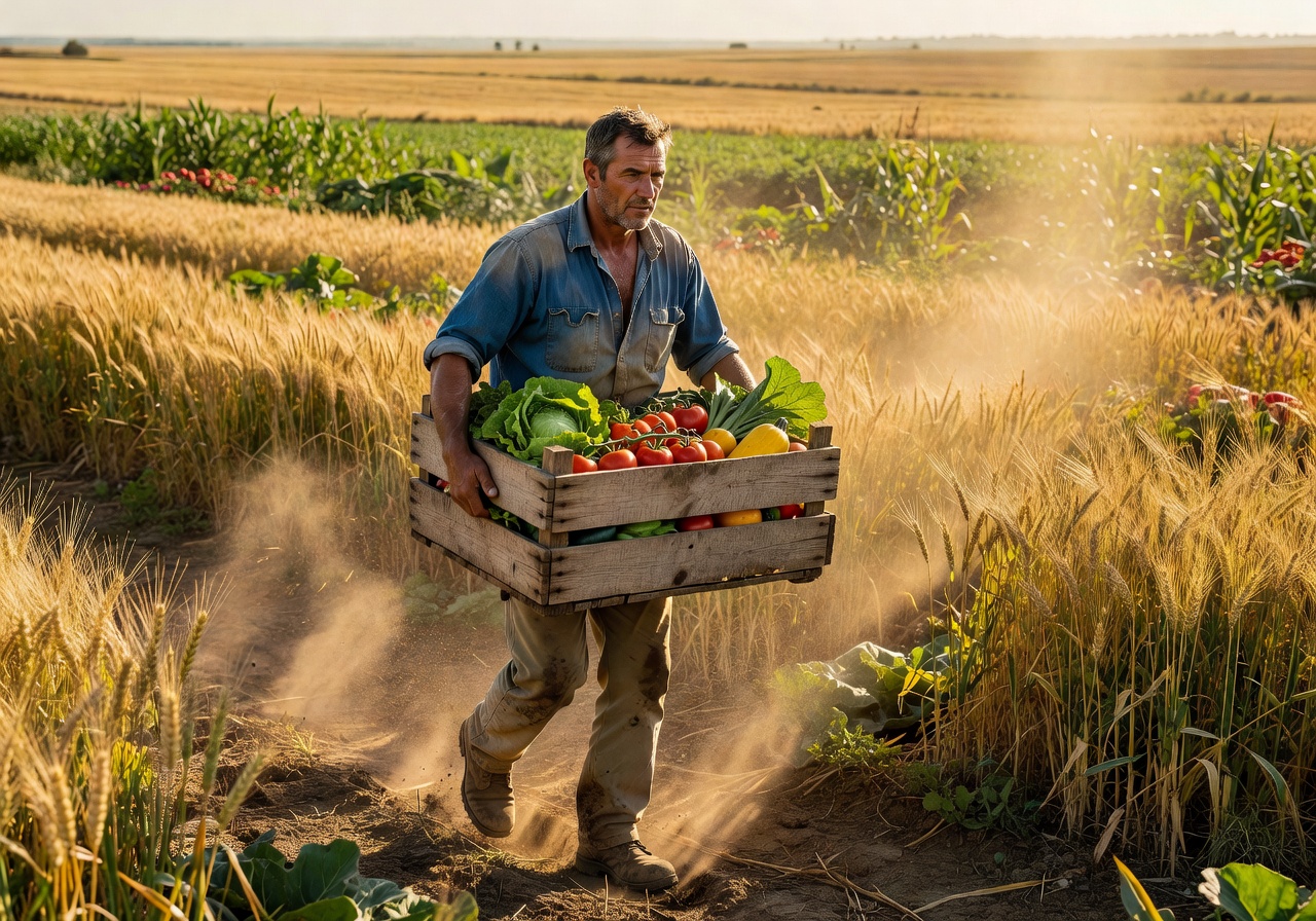 Farmer carrying wooden crate through sunlit field of crops