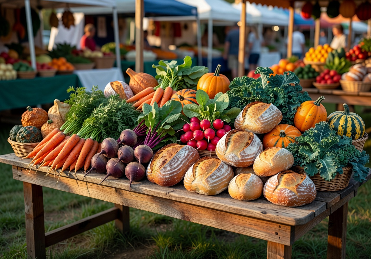 Farmer's market table with seasonal vegetables and bread