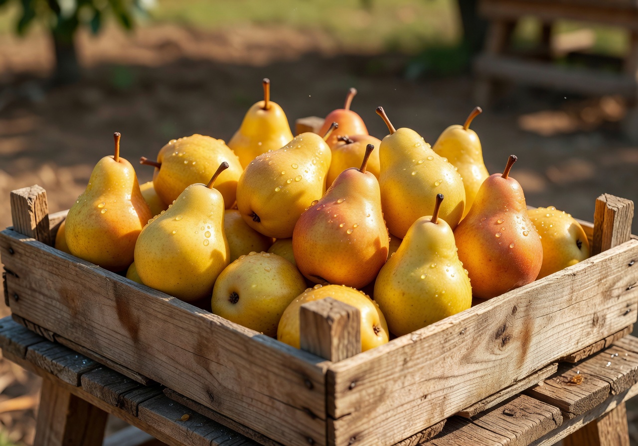 Fresh ripe pears in a wooden crate