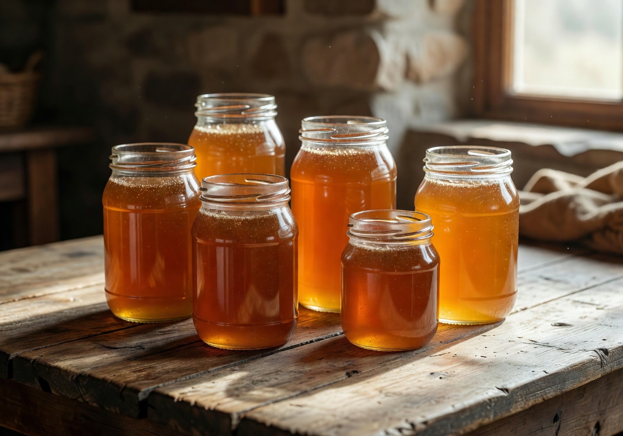 Glass jars of golden honey on a wooden farm table