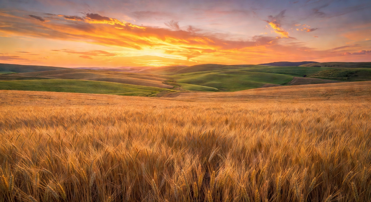 Golden farm field at sunset with rolling hills