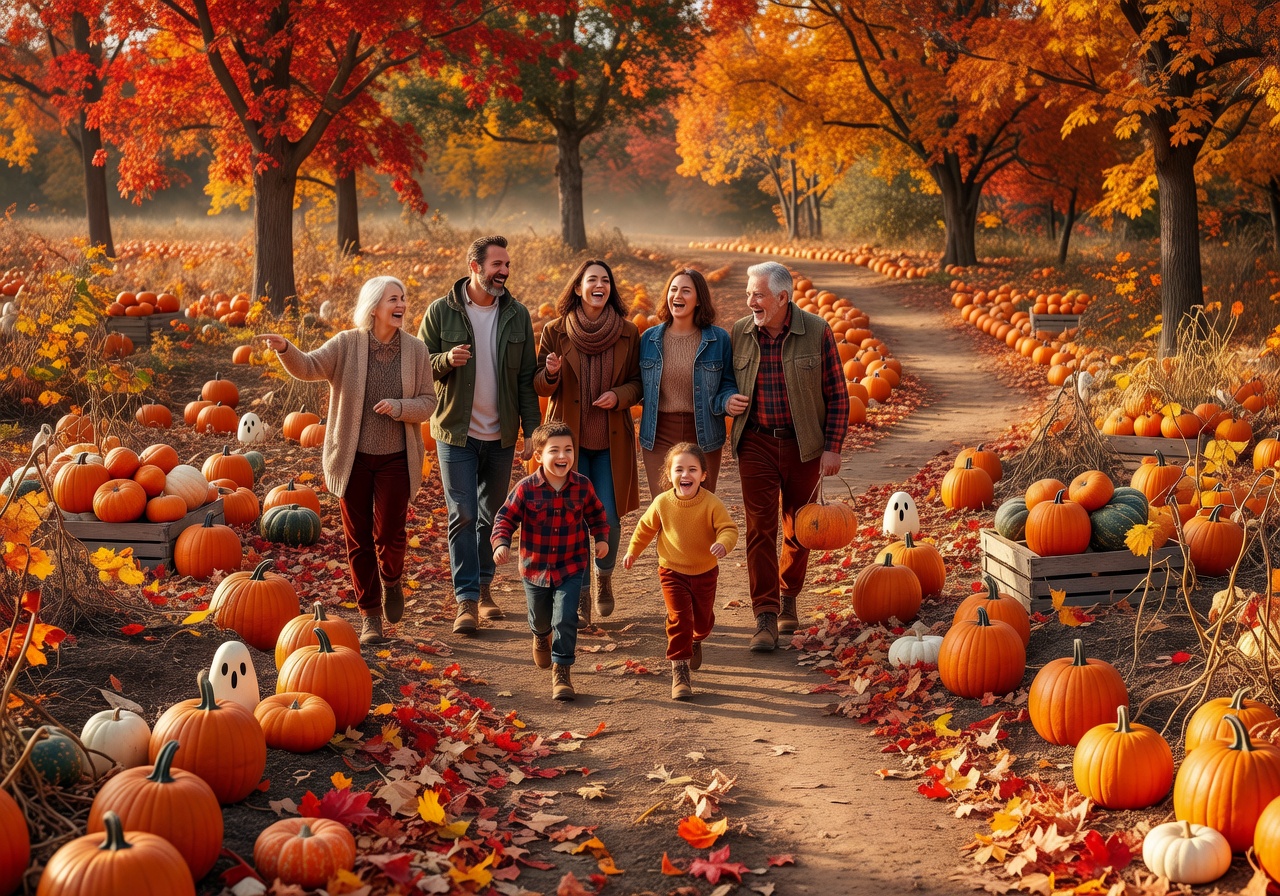 Group of people walking together through autumn pumpkin patch
