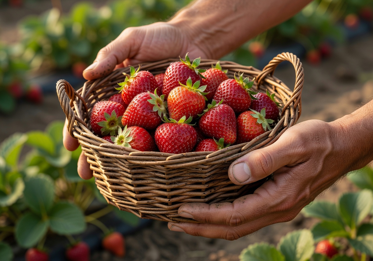 Hands holding a basket of freshly picked strawberries