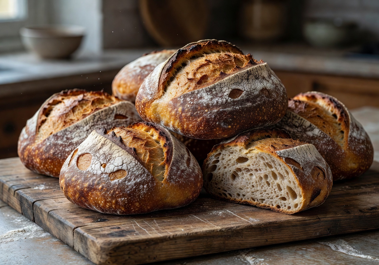 Loaves of rustic sourdough bread on a wooden board