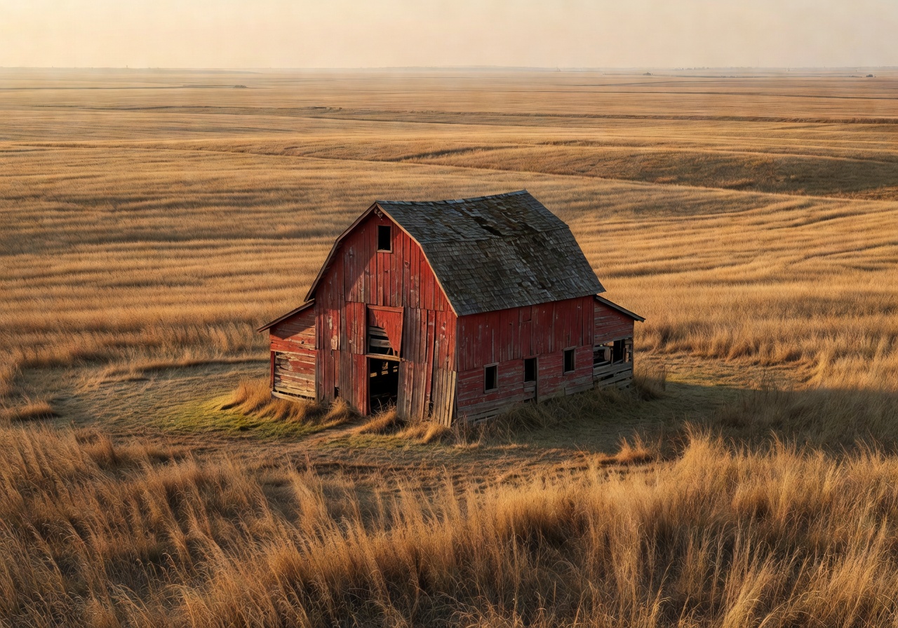Old red barn at the edge of an open field