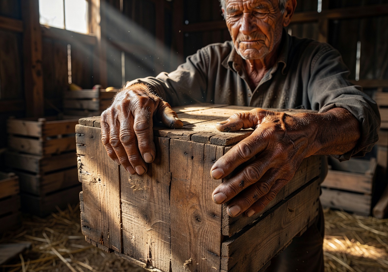 Older man with weathered hands holding a wooden crate