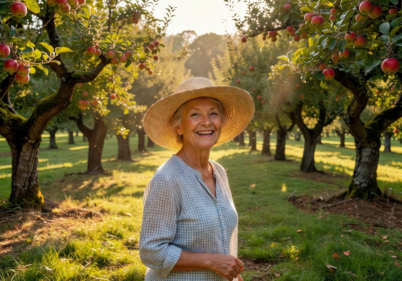 Older woman in straw hat smiling in a sunlit orchard