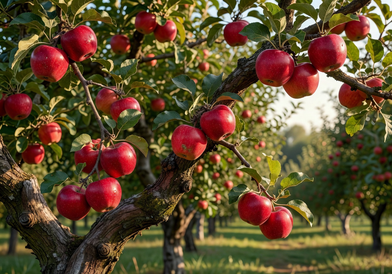 Red apples hanging from an orchard tree branch