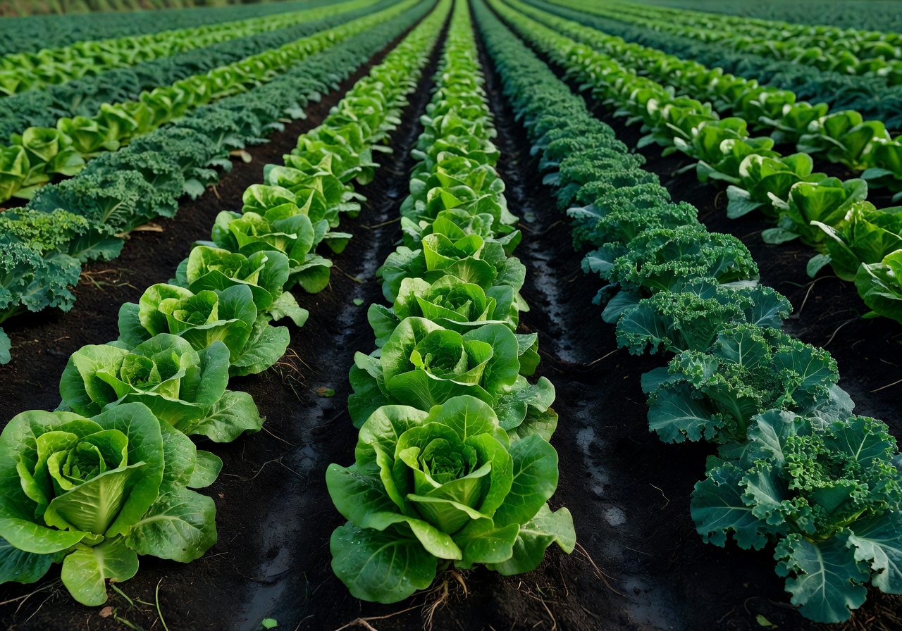 Rows of leafy green vegetables growing in dark soil
