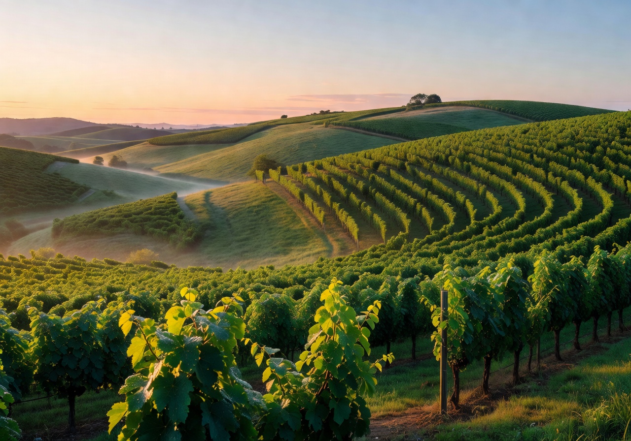 Sunrise over a green hillside vineyard