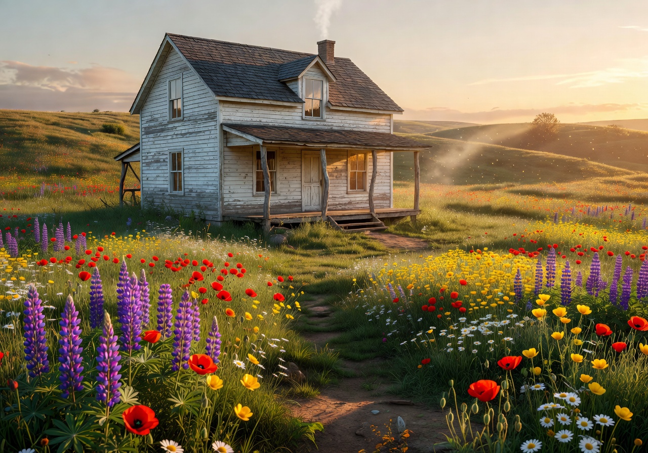 Vintage farmhouse surrounded by wildflower meadow at golden hour