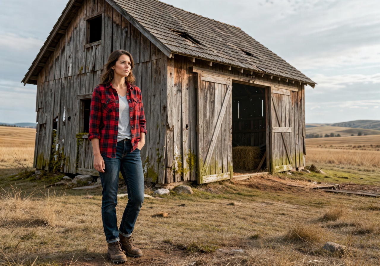 Woman in flannel shirt standing beside a barn