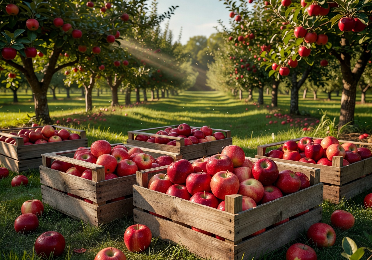 Wooden crates of fresh red apples in an orchard