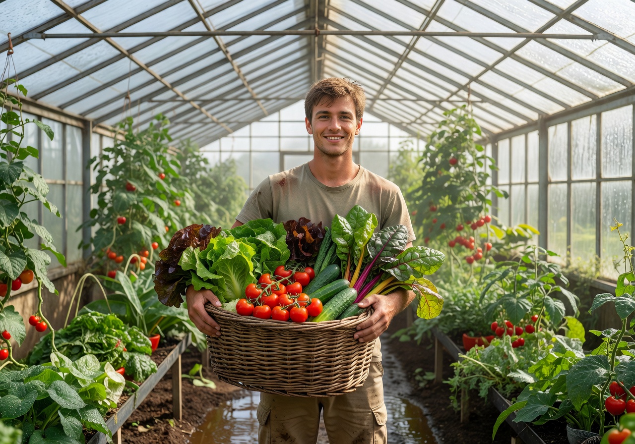 Young man with a basket of vegetables in a greenhouse